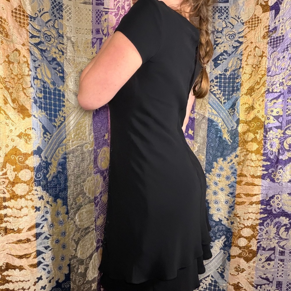 Vintage 90's Little Black Dress Beaded Ruffle Hem Knee Length Structured Size S - Picture 2 of 16